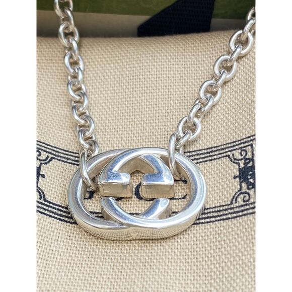 Authentic Gucci Interlocking GG Logo Necklace โ 16โ Sterling Silver - Picture 1 of 9